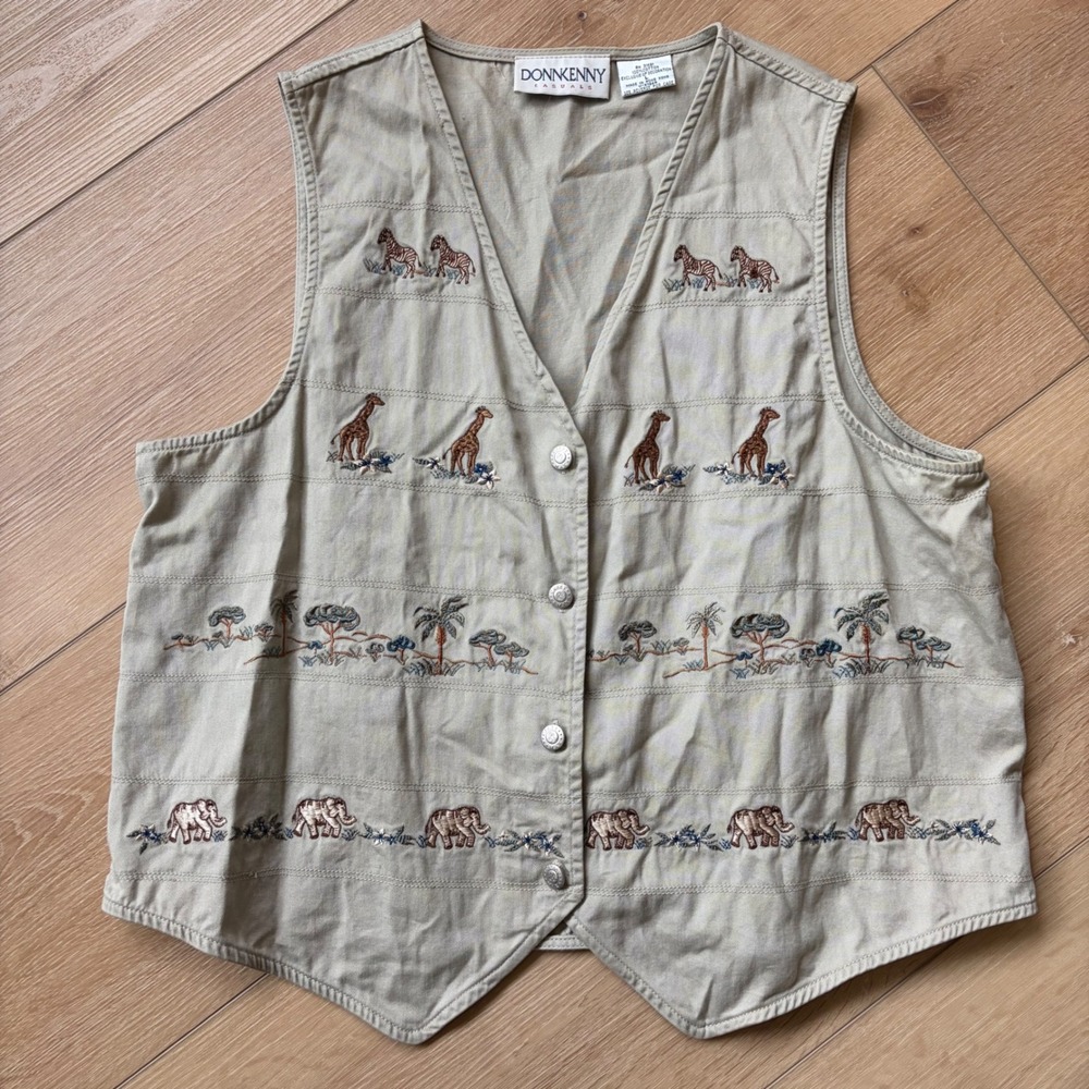 Donnkenny Casuals Vintage Safari animals Embroidered Cotton Vest Khaki Sz Large